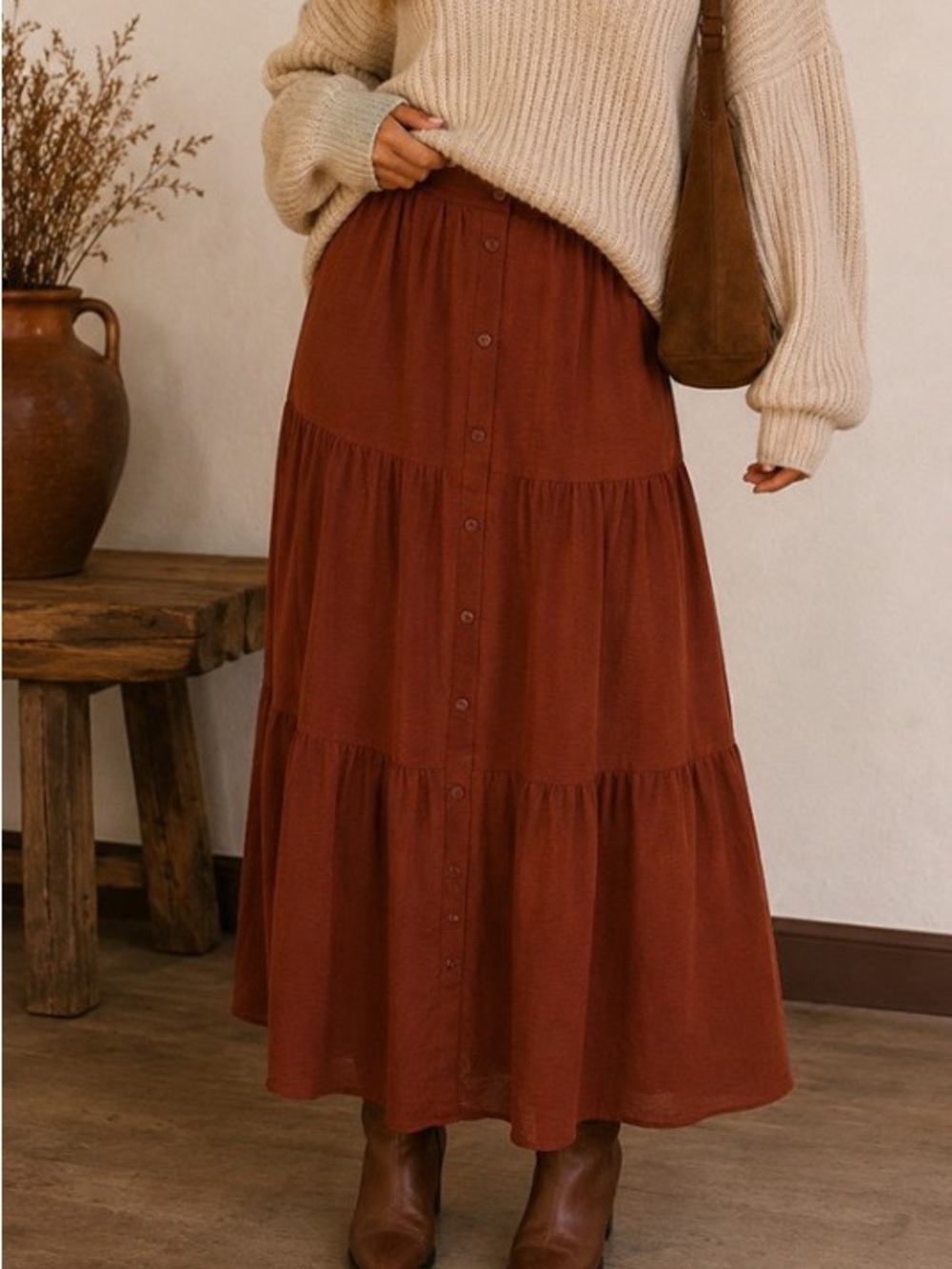 Tiered Button-Front Maxi Skirt in black
